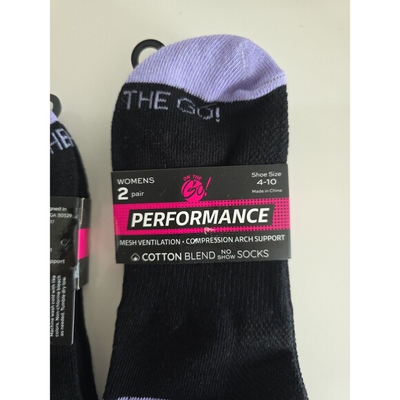 On The Go Womens Performance No Show Socks 2 Pair Black/Purple Sz 4-10 Mesh Vent - Picture 4 of 4